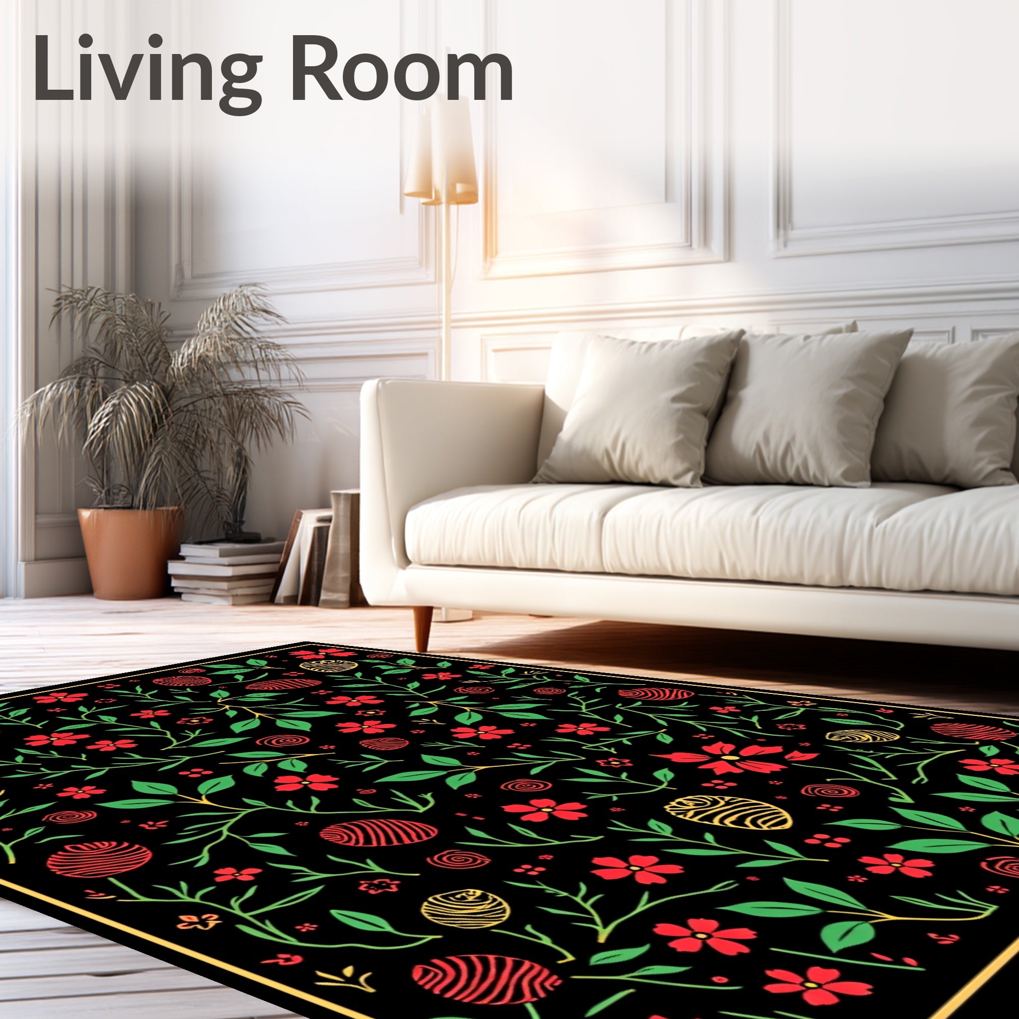 Red Floral Vine Botanical Black Rug