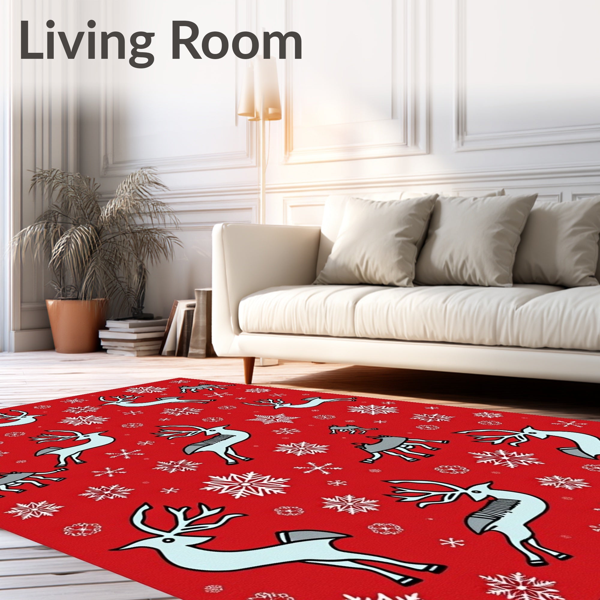 Red Reindeer Snowflake Holiday Scene Rug