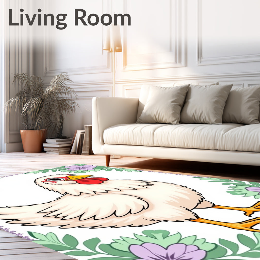 Whimsical White Chicken Floral Border Rug