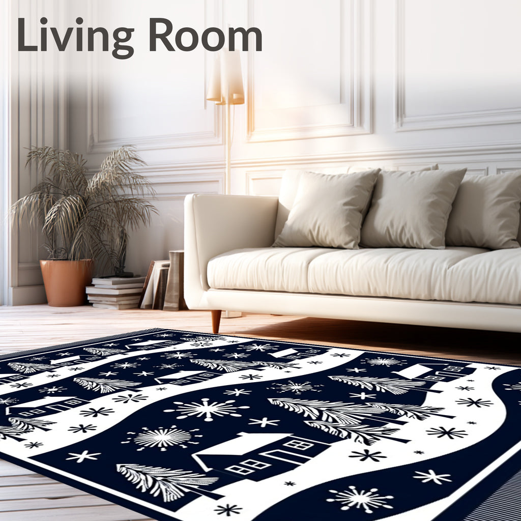 Navy White Snowy Village Forest Rug