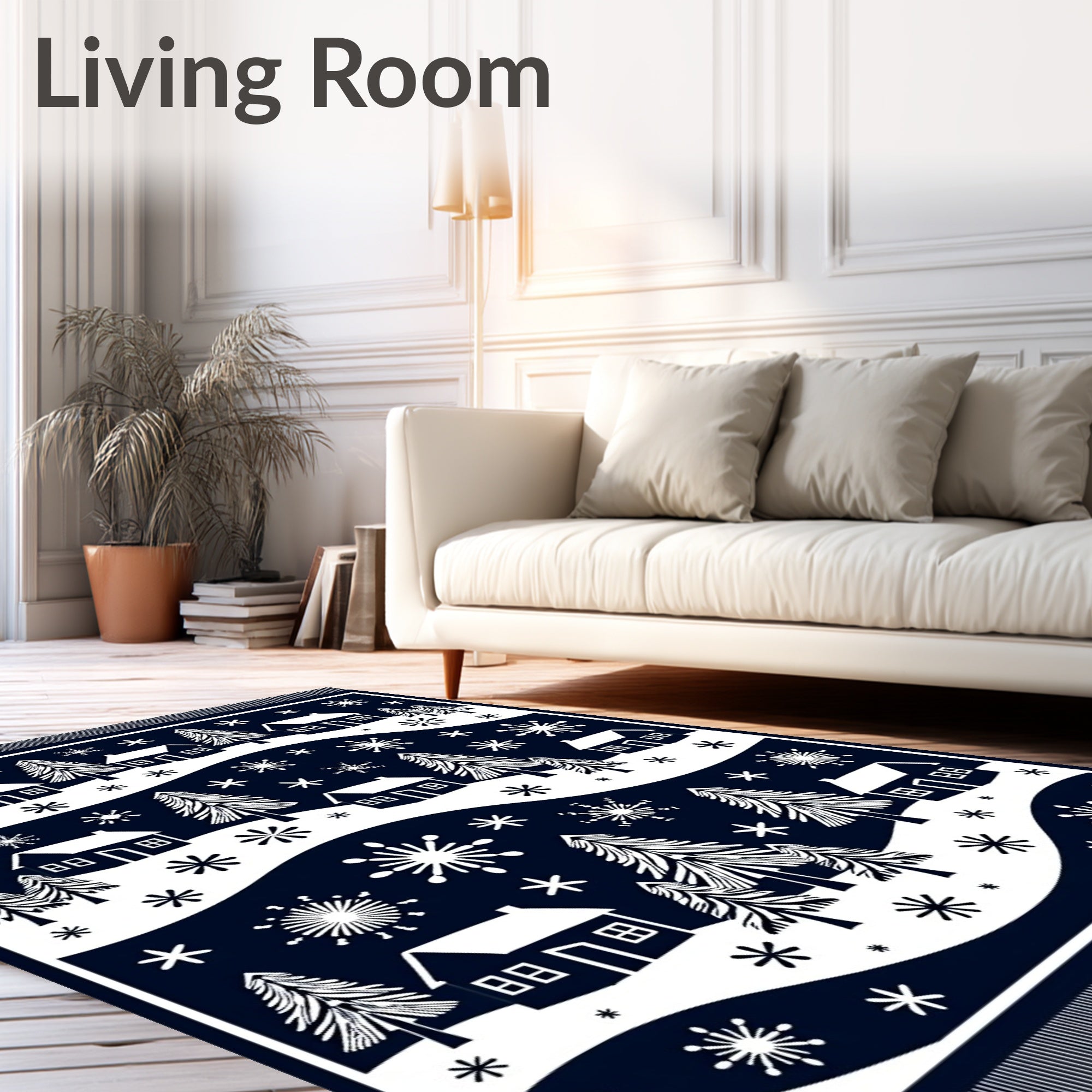 Navy White Snowy Village Forest Rug