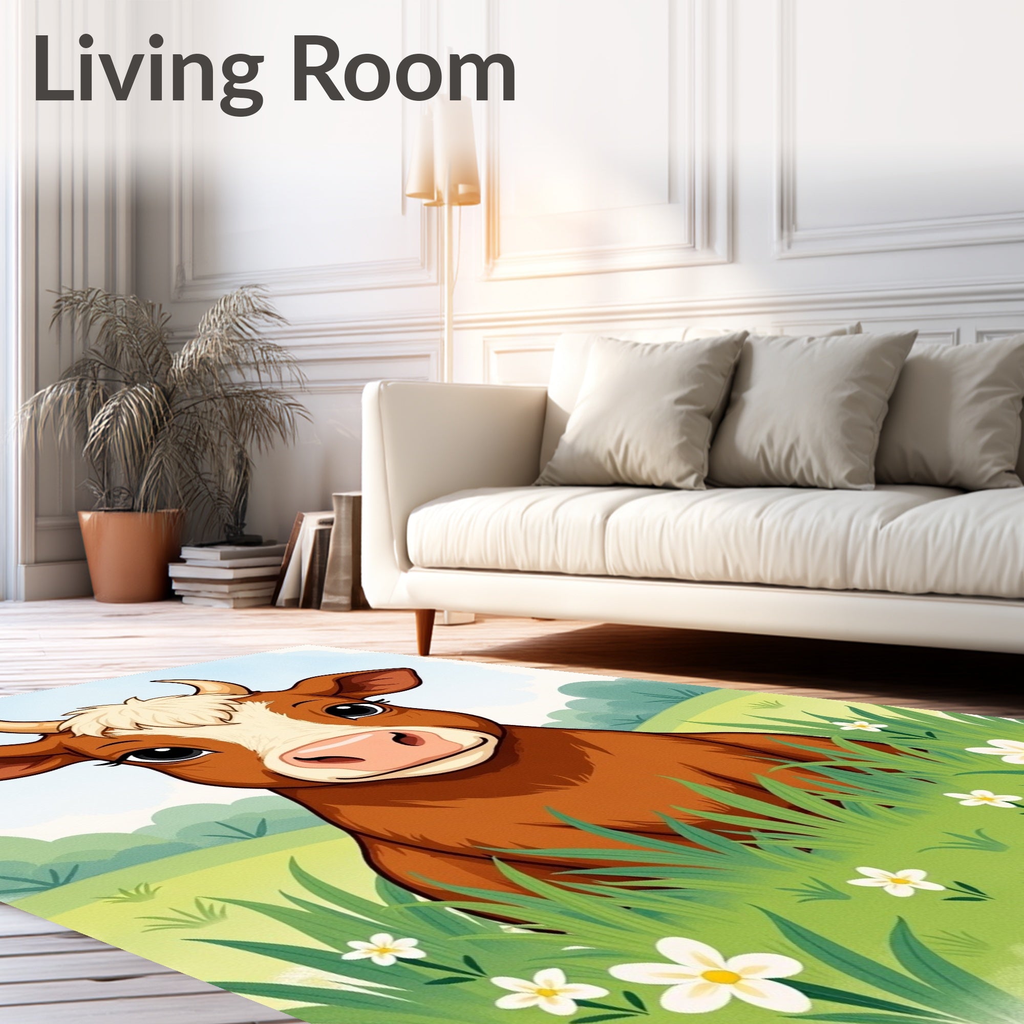 Whimsical Brown Cow Amongst White Flowers Rug