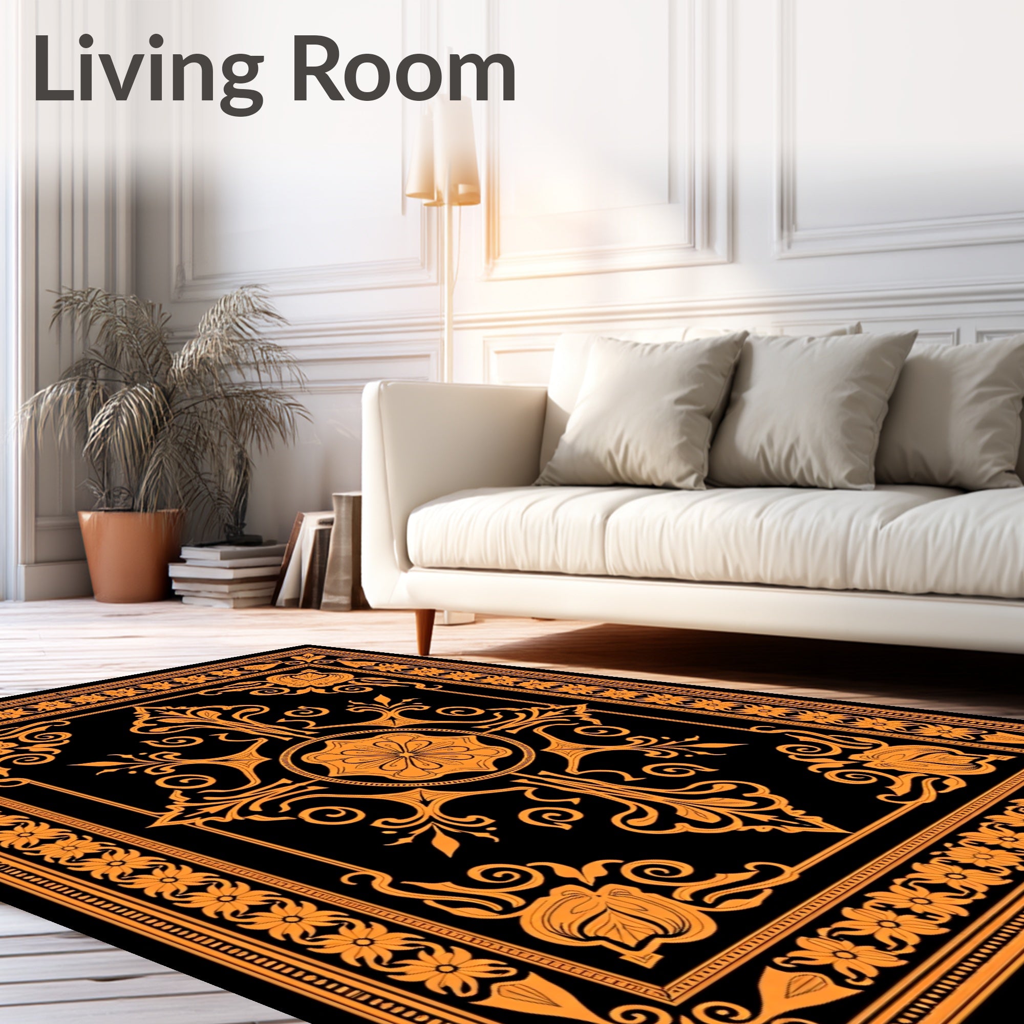 Orange Floral Medallion Black Frame Rug