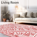 Red Folk Art Village Scene Rug