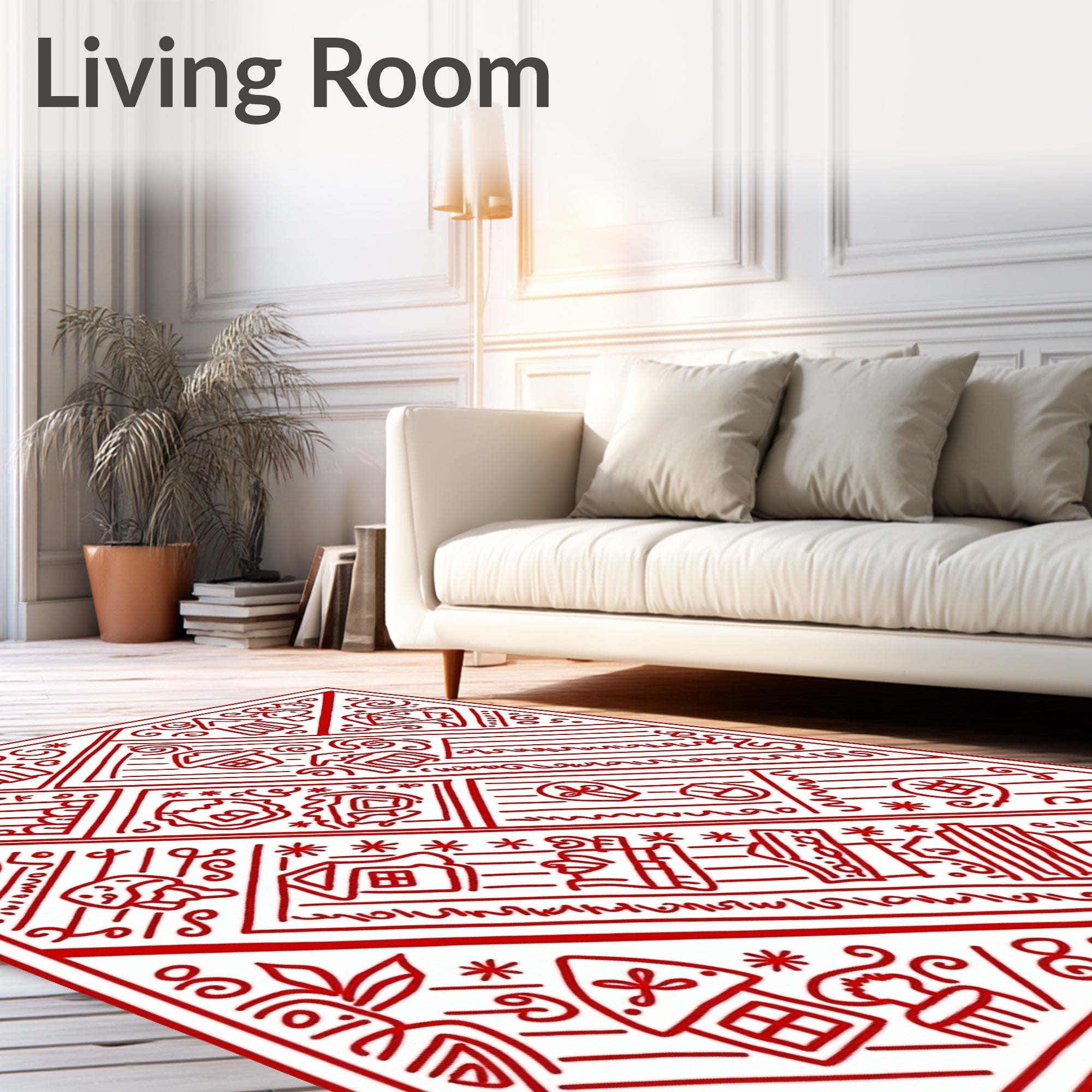 Red Folk Art Village Scene Rug