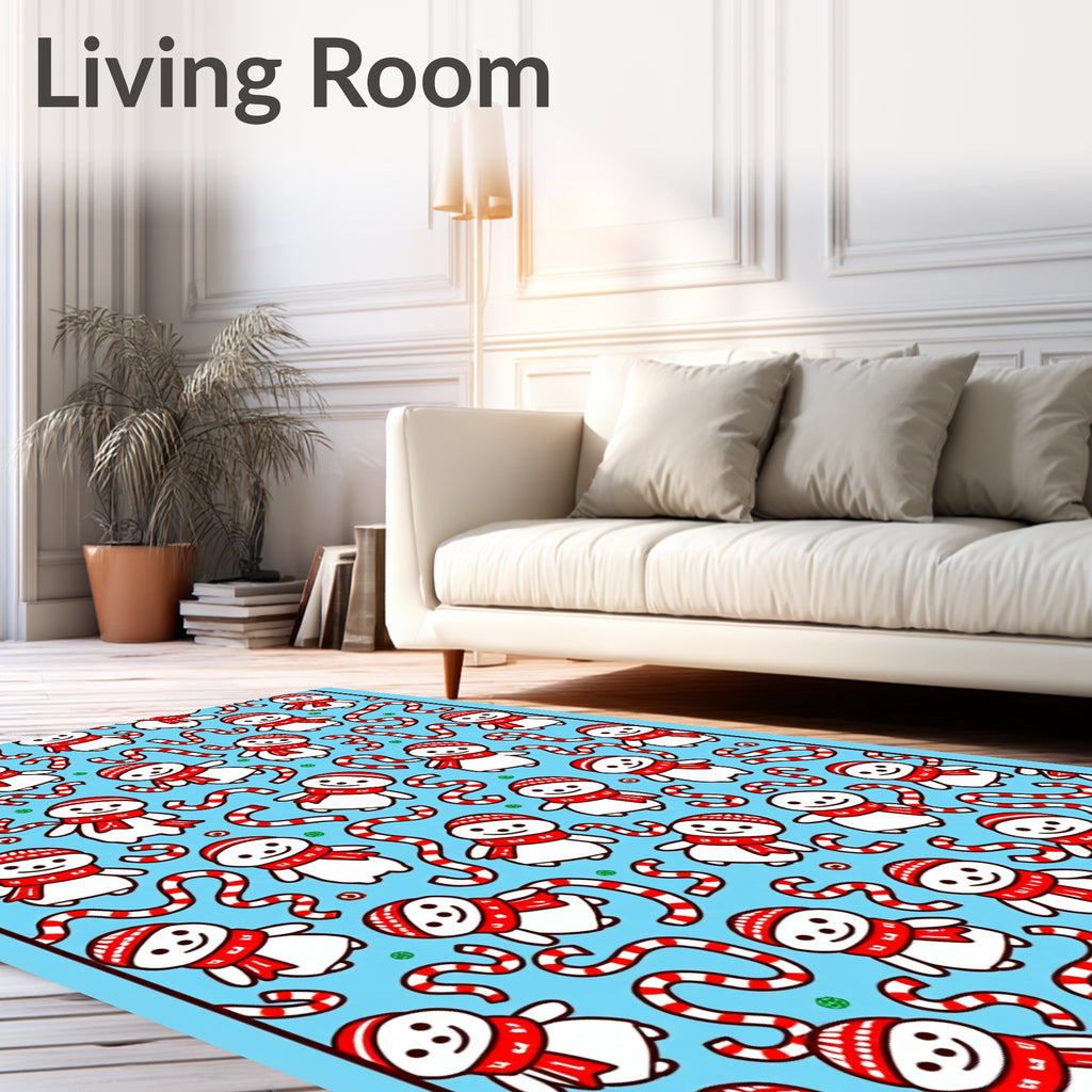 Cute Snowman Red Scarf Candy Cane Background Rug