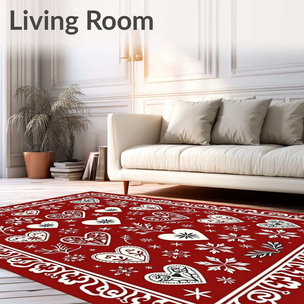 Crimson White Heart Folk Art Rug