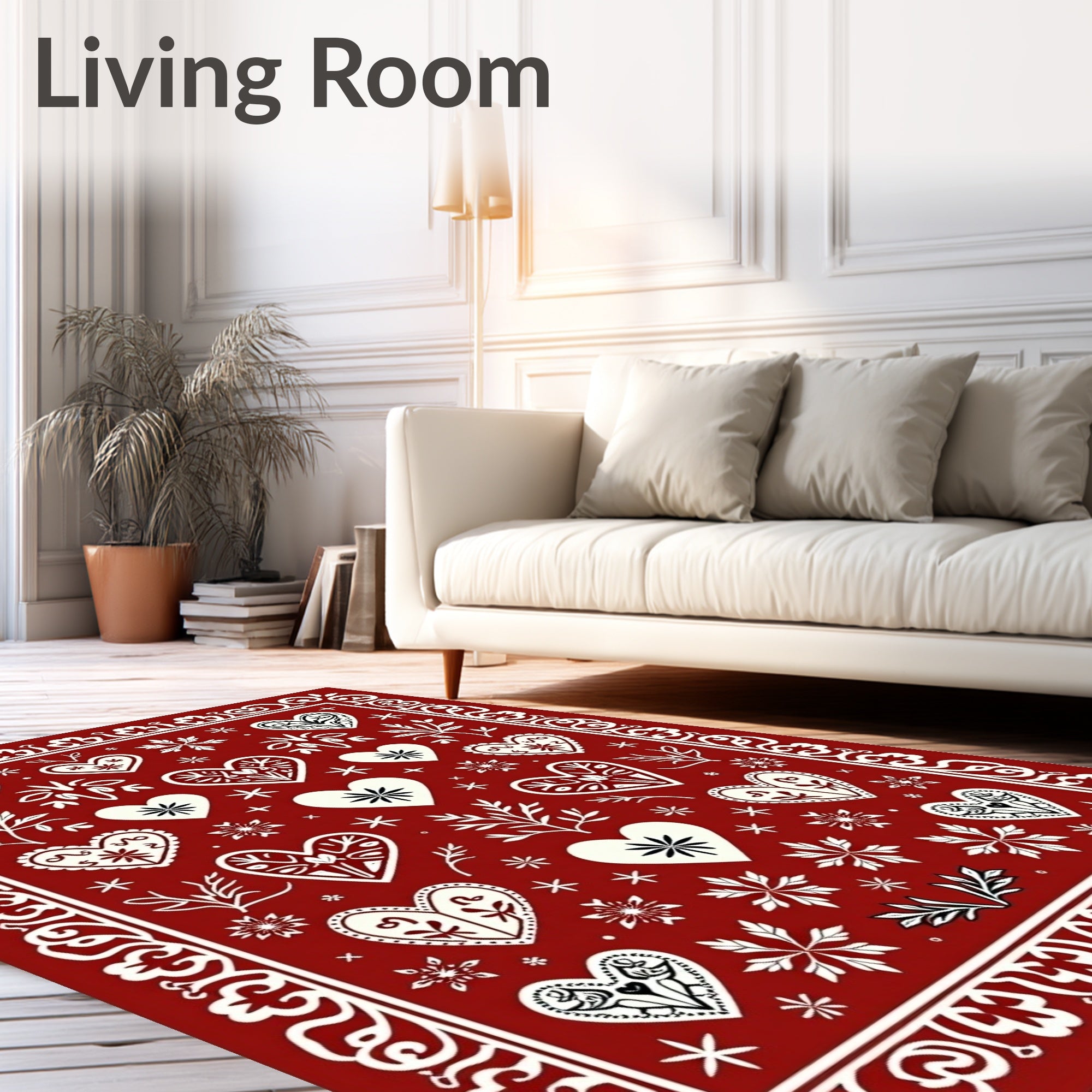 Crimson White Heart Folk Art Rug