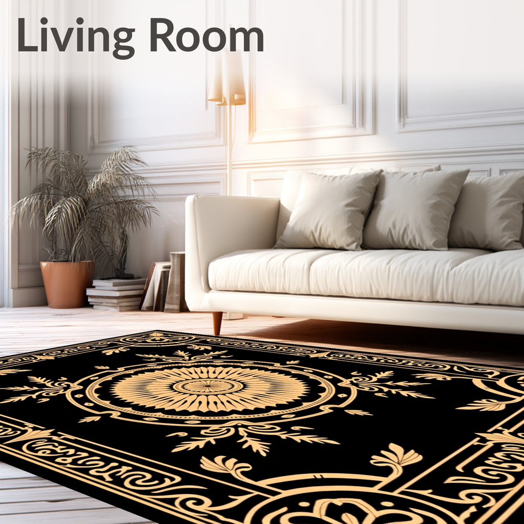 Ornate Black and Gold Floral Medallion Cover Rug