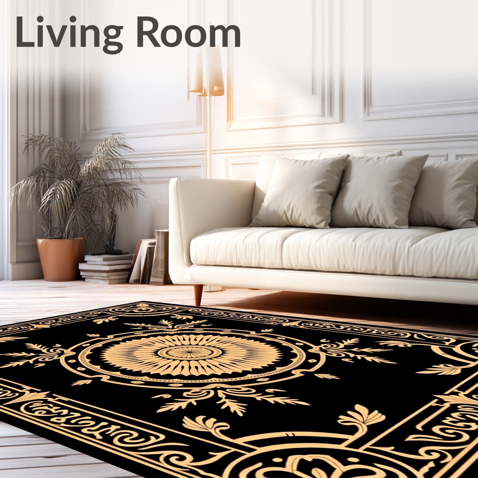 Ornate Black and Gold Floral Medallion Cover Rug