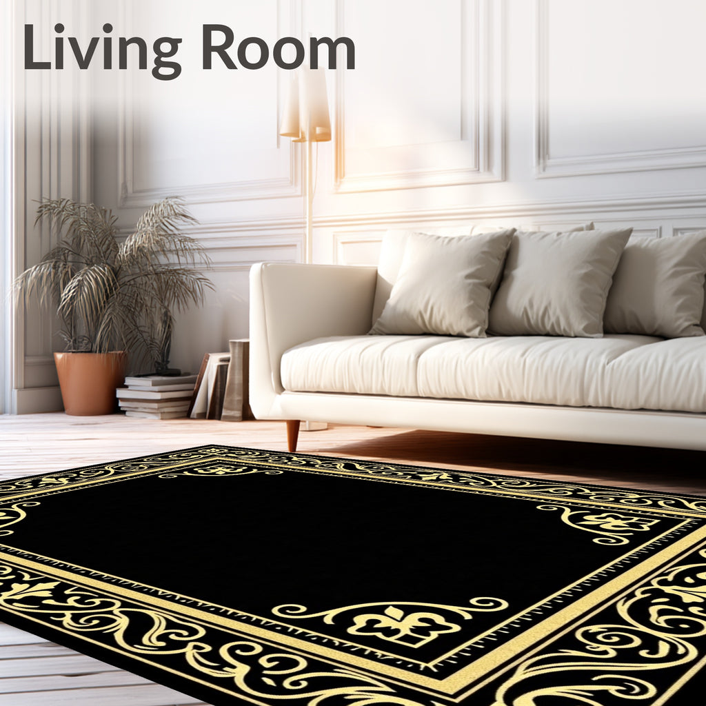 Ornate Gold Black Scrollwork Border Rug