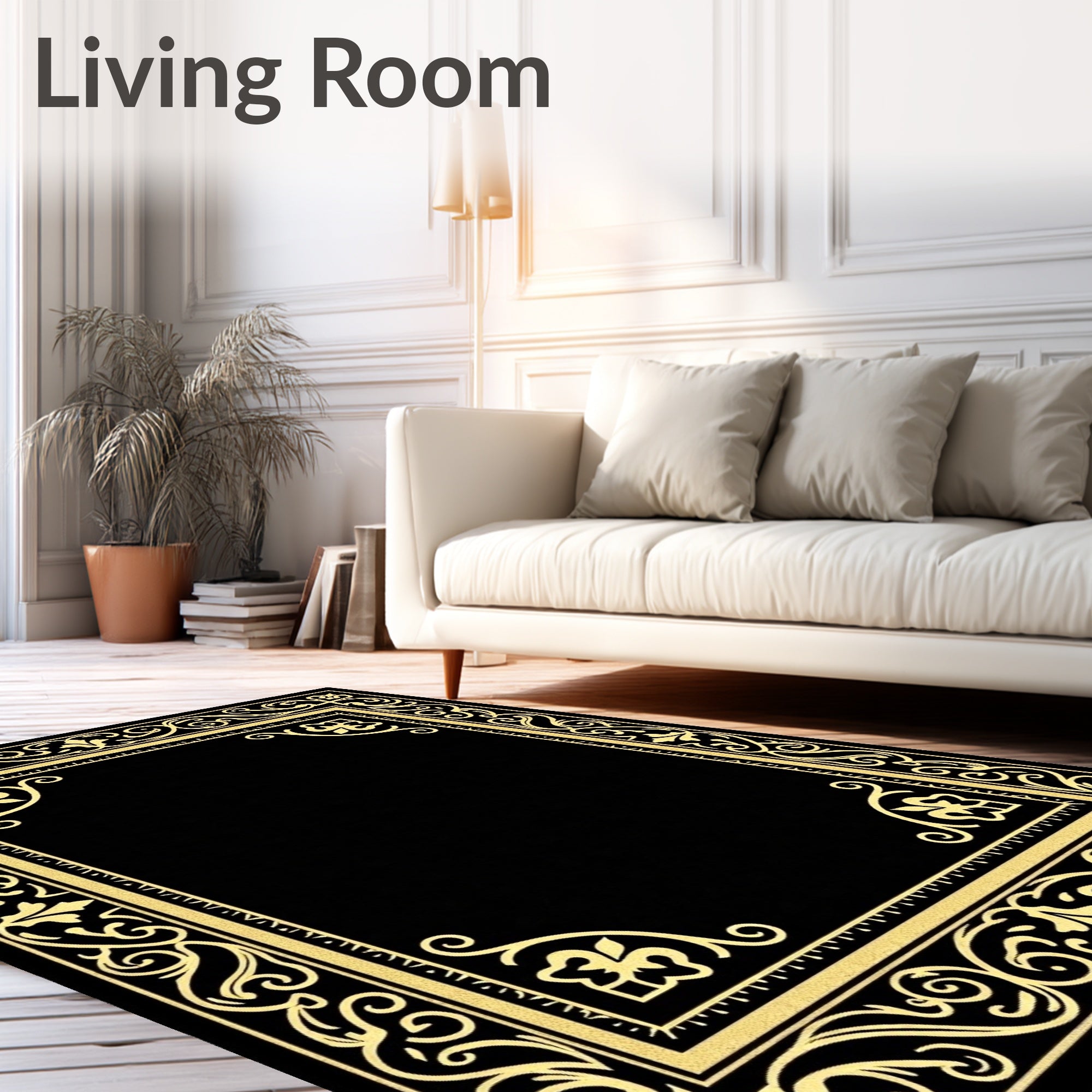 Ornate Gold Black Scrollwork Border Rug