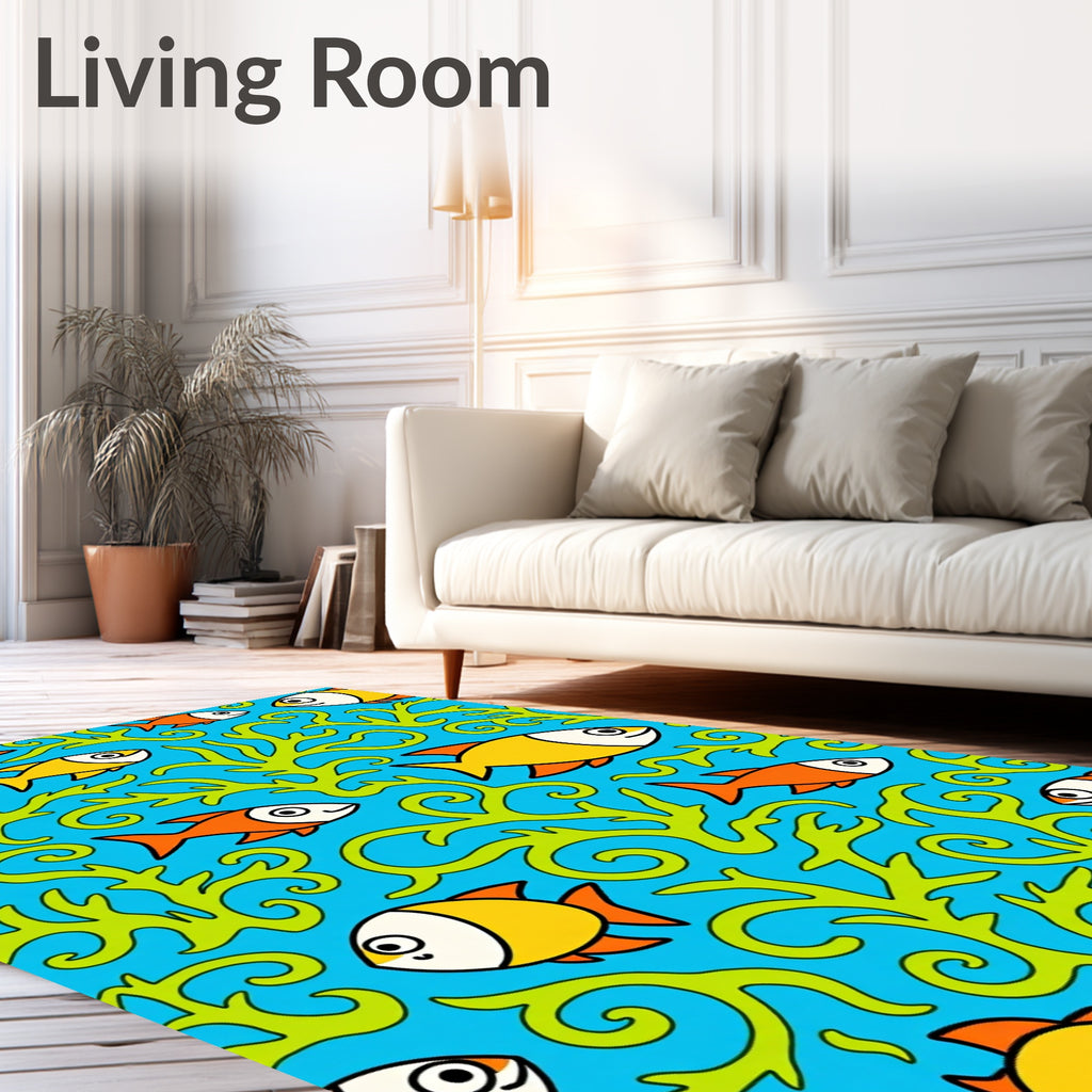 Whimsical Blue Orange Fish Seaweed Rug