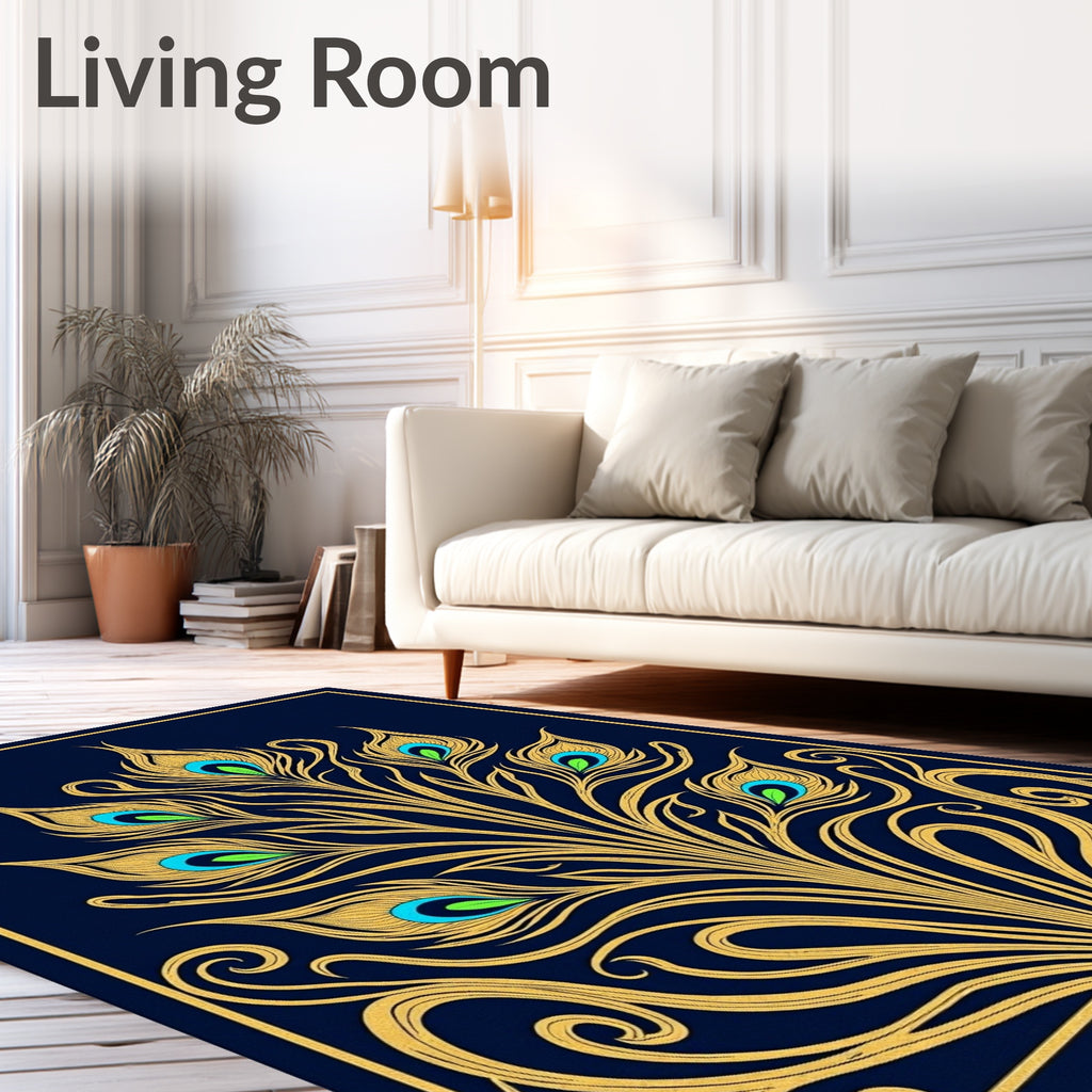 Golden Peacock Feather Navy Art Nouveau Rug