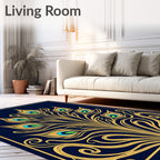 Golden Peacock Feather Navy Art Nouveau Rug