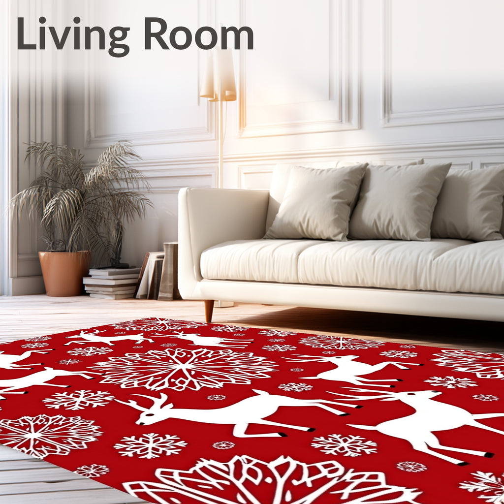 Red White Deer Snowflake Scene Rug
