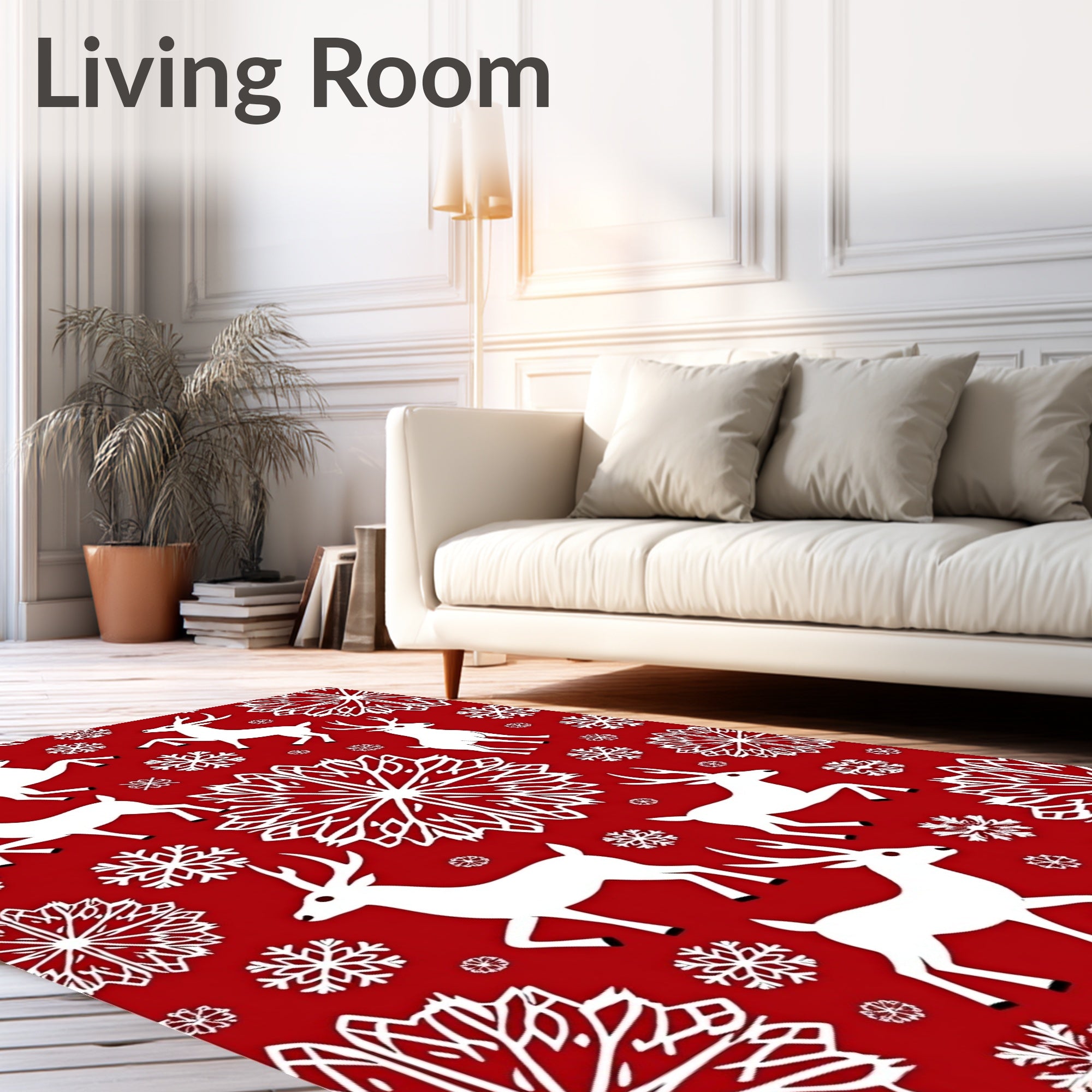 Red White Deer Snowflake Scene Rug