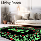 Whimsical Green Dog Floral Border Rug