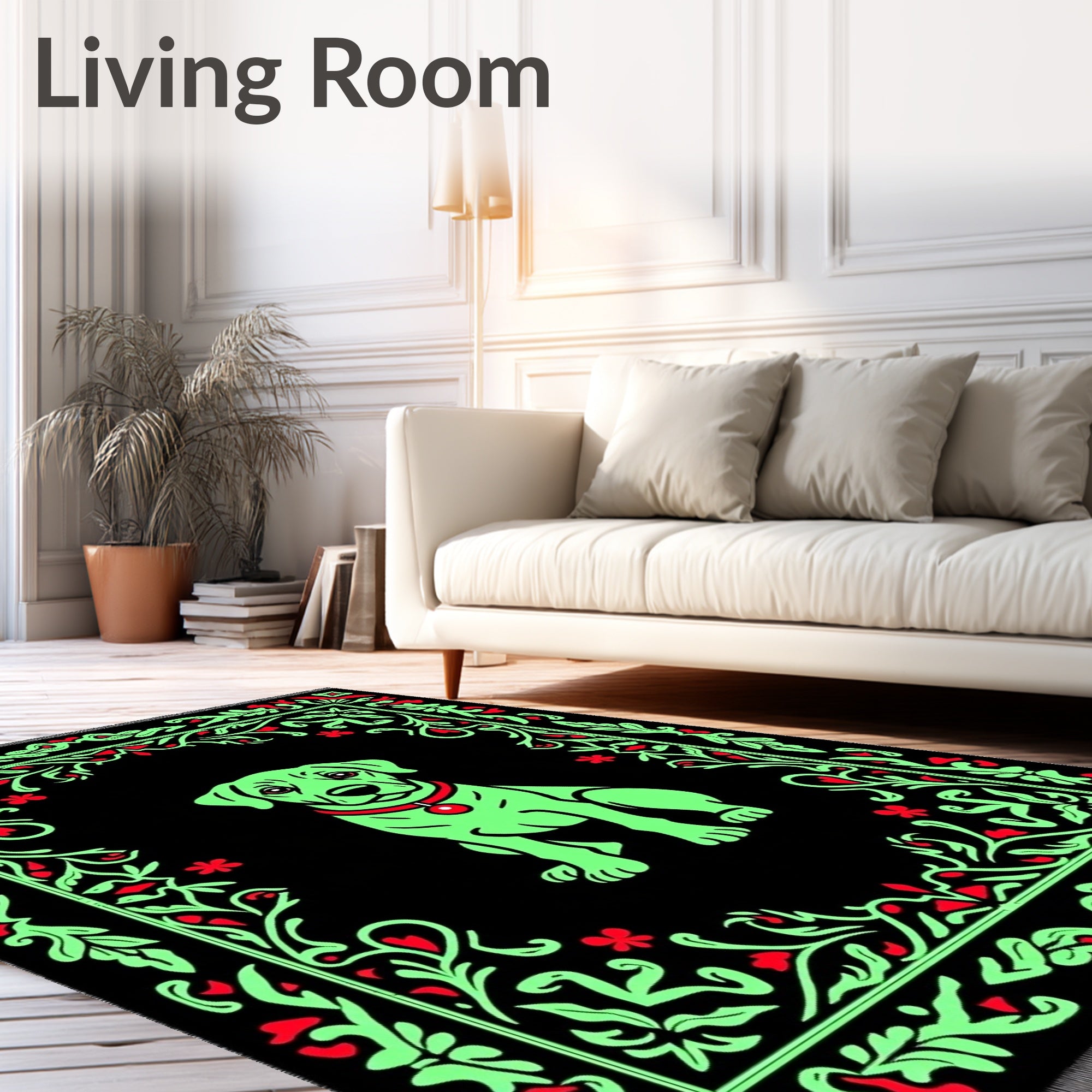 Whimsical Green Dog Floral Border Rug