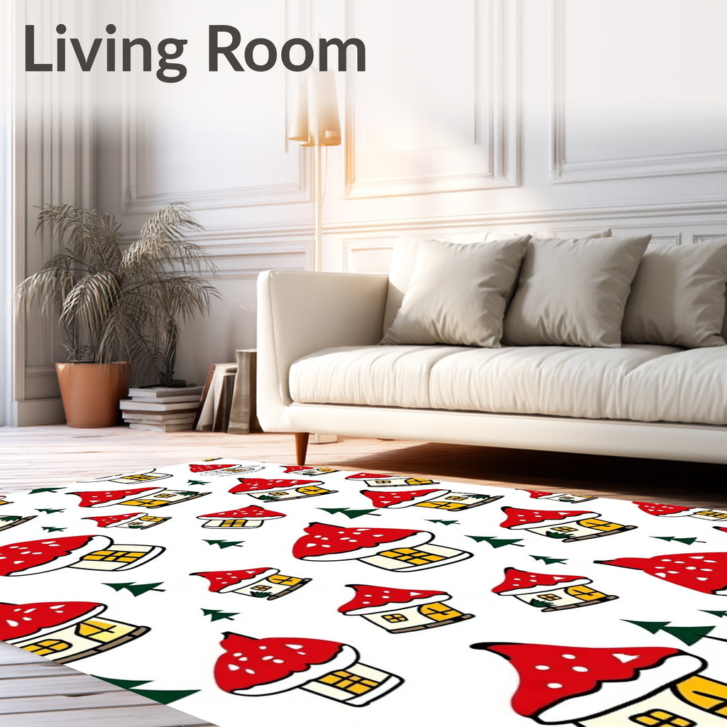 Whimsical Red Mushroom Houses Forest Scene Rug
