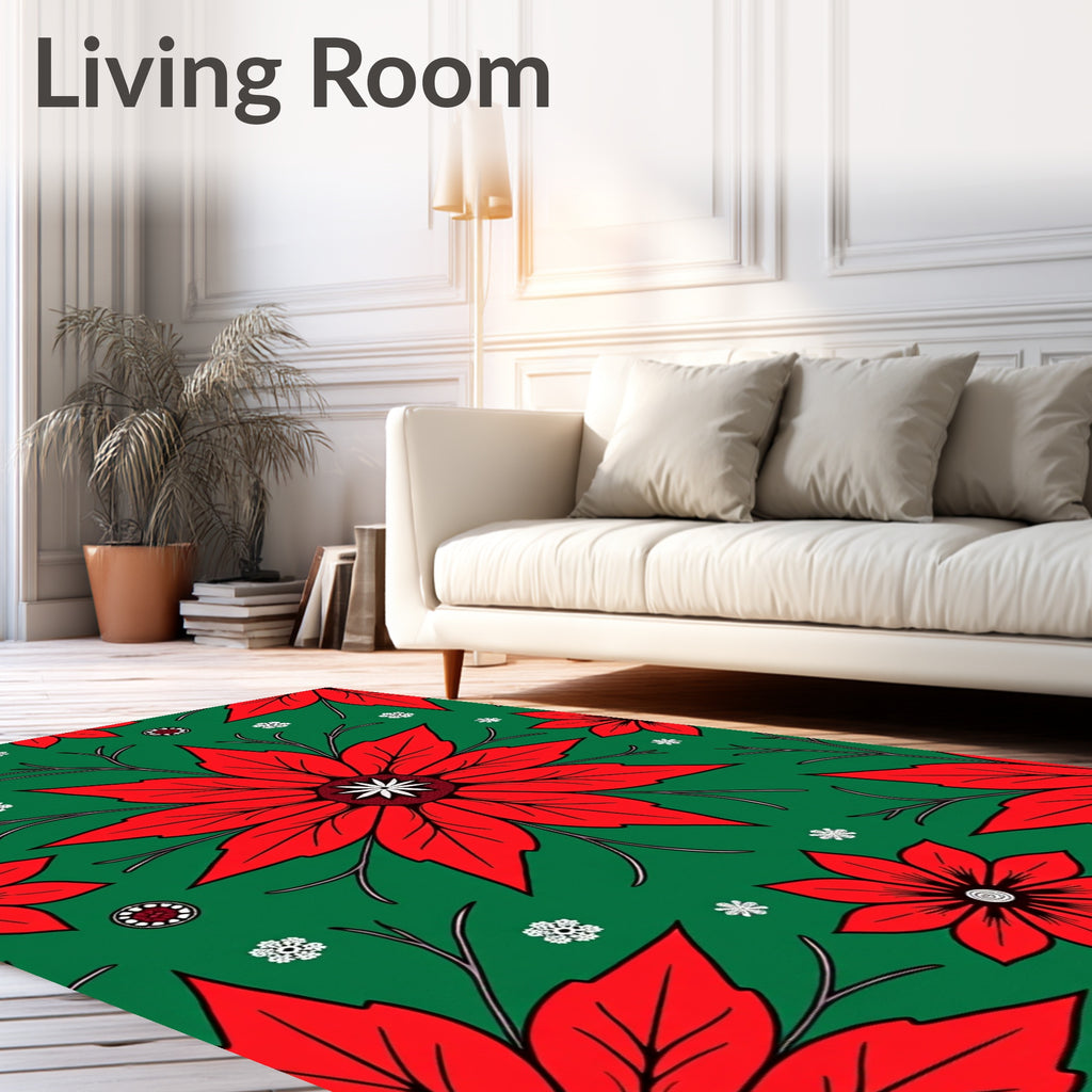 Classic Red Poinsettia Snowflake Emerald Rug