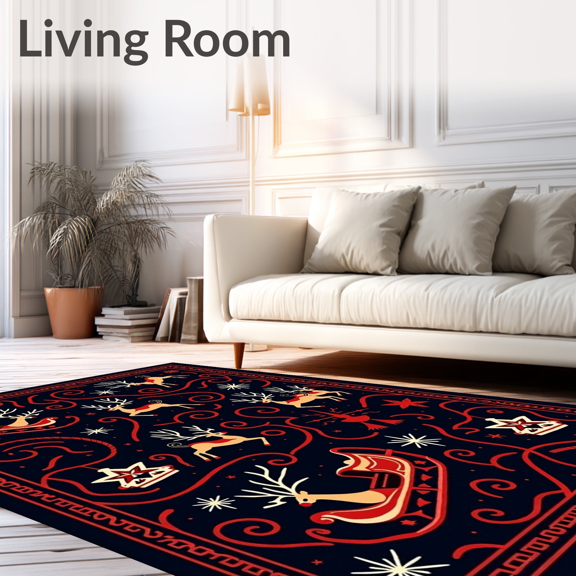 Crimson Reindeer Sleigh Midnight Swirls Rug