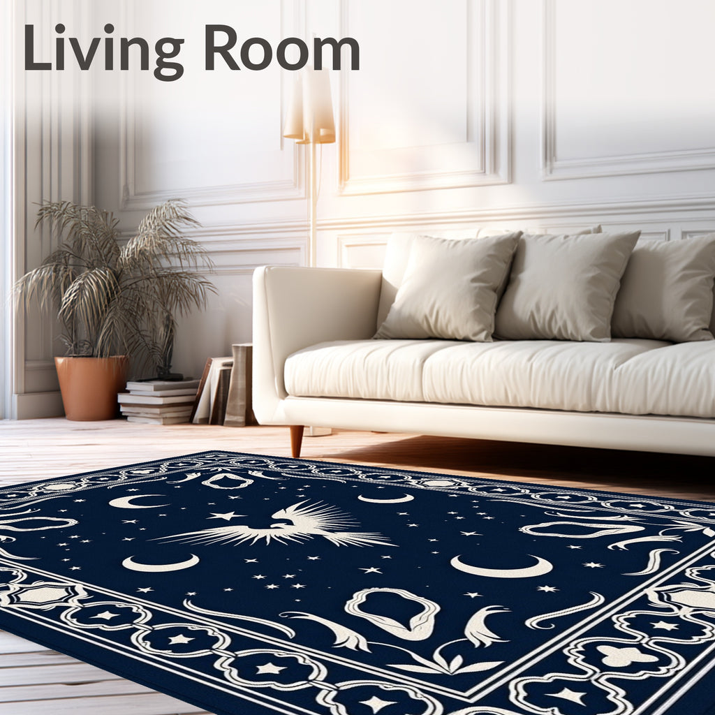 Celestial Phoenix Moon Stars Navy Rug