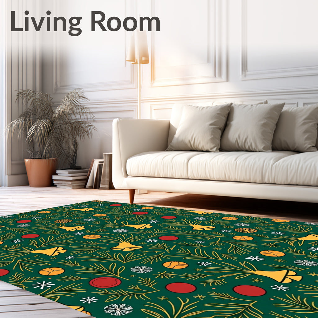 Festive Green Gold Bells Ornaments Rug