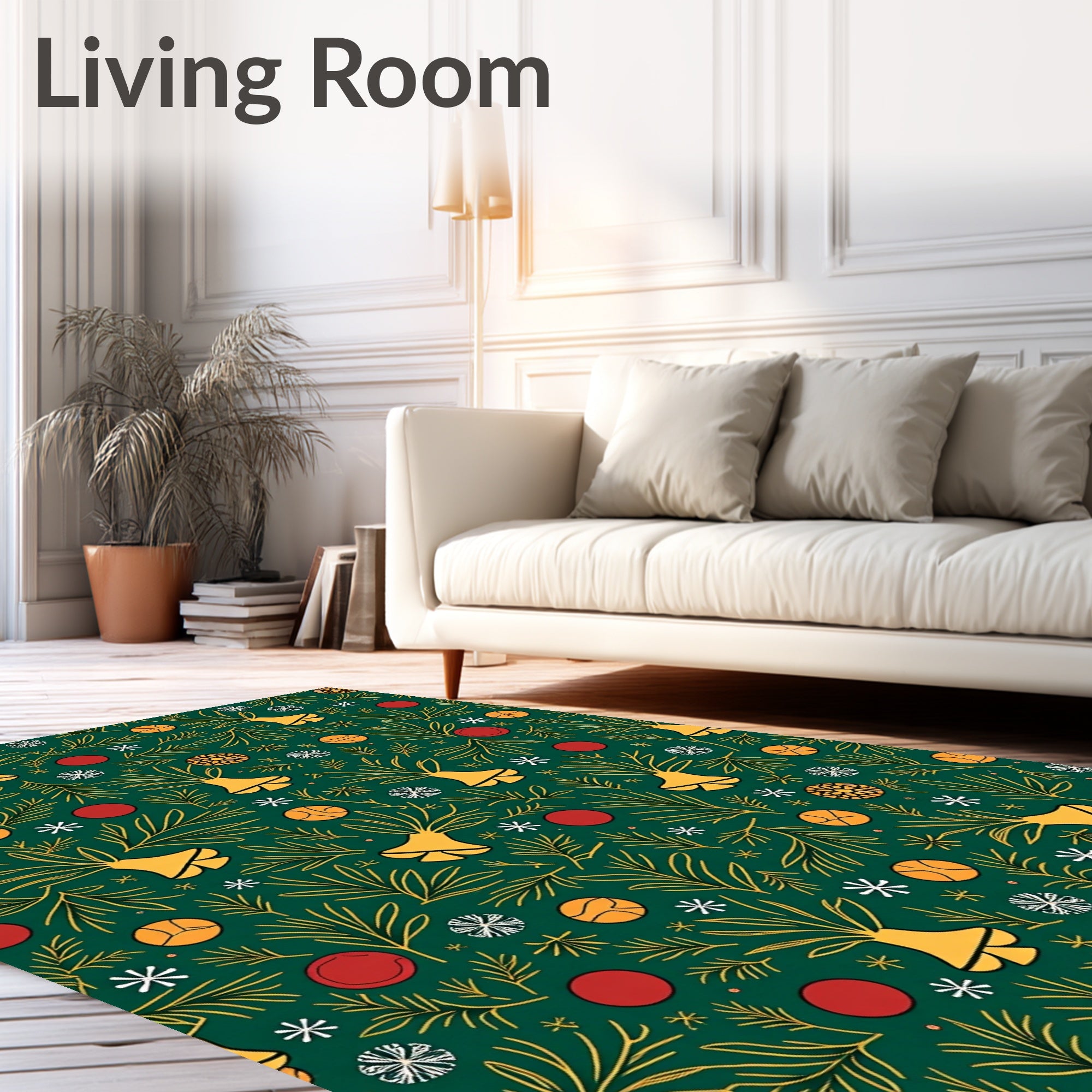 Festive Green Gold Bells Ornaments Rug