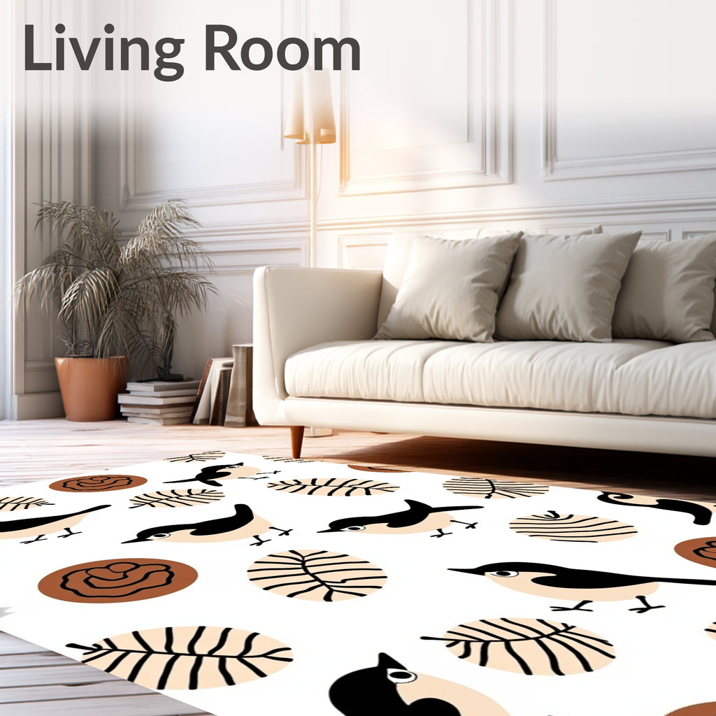 Cute Black Birds Leafy Circles Brown Rug