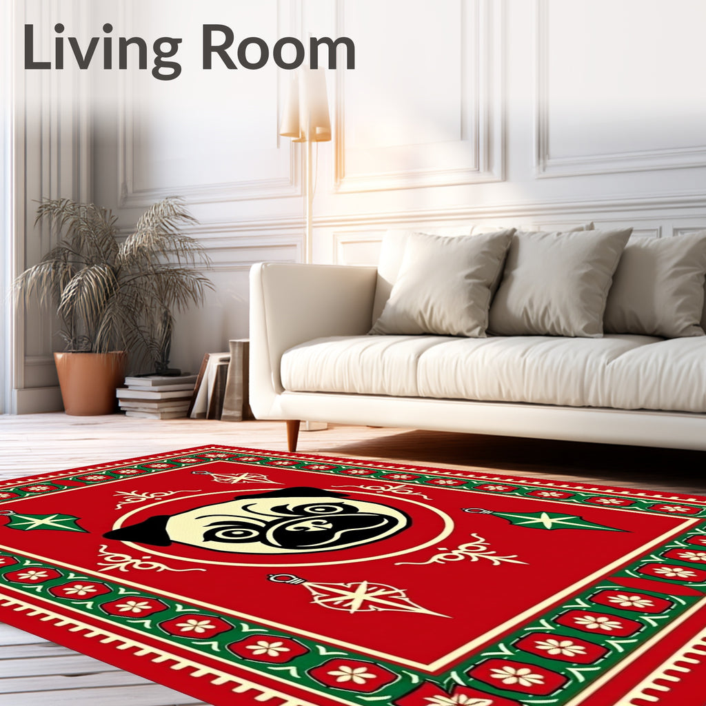 Red Pug Face Ornament Festive Rug