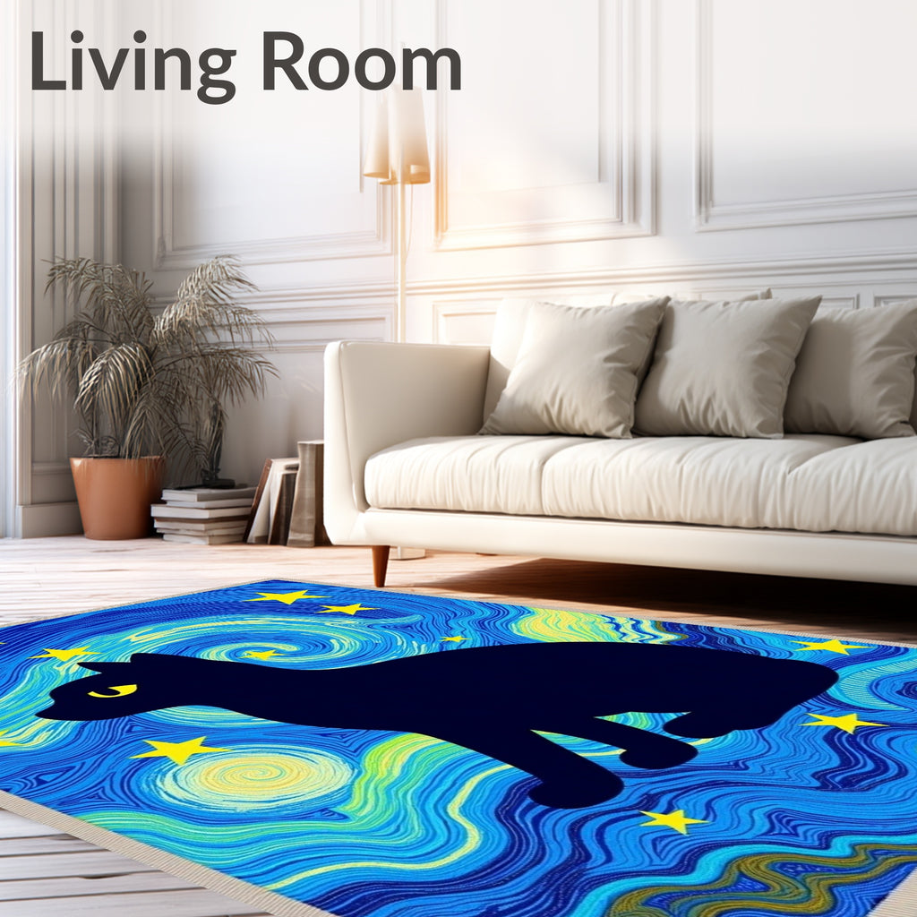 Black Cat Starry Night Swirl Rug