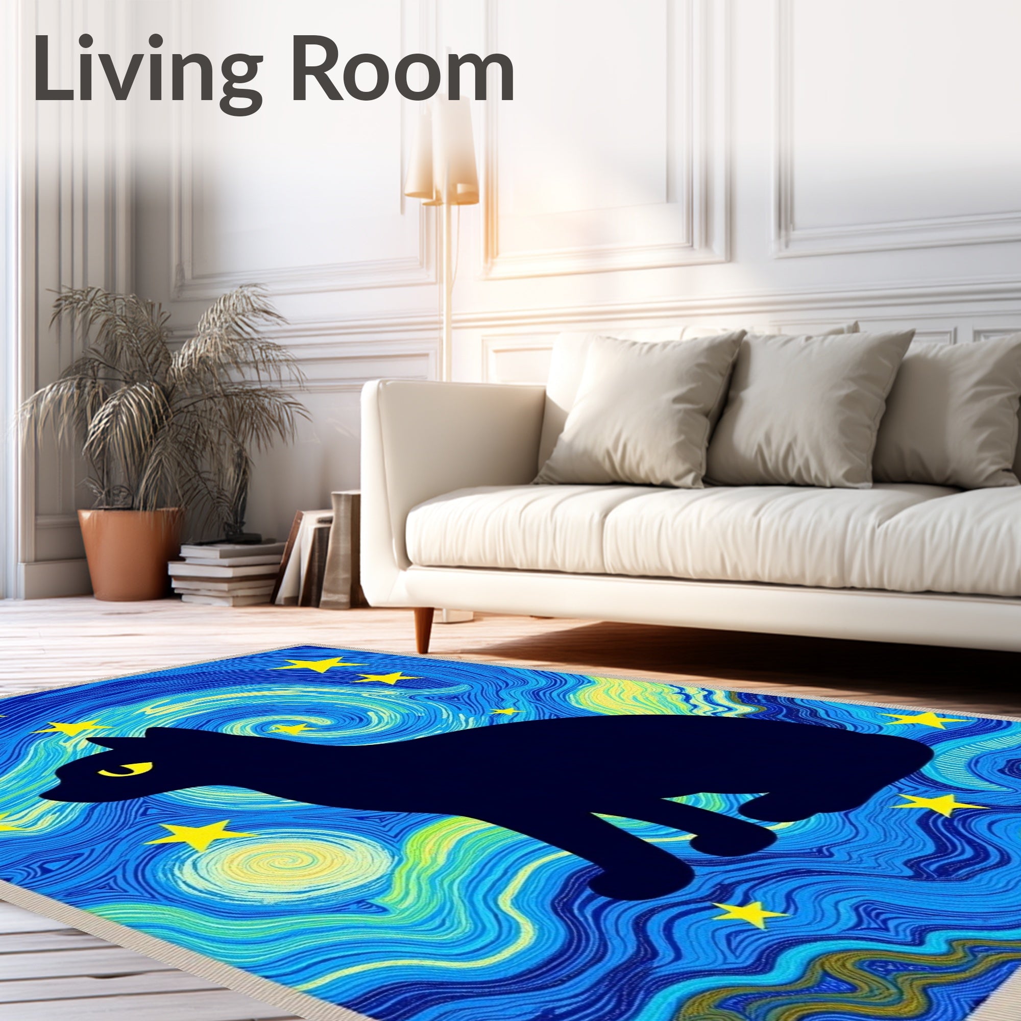 Black Cat Starry Night Swirl Rug