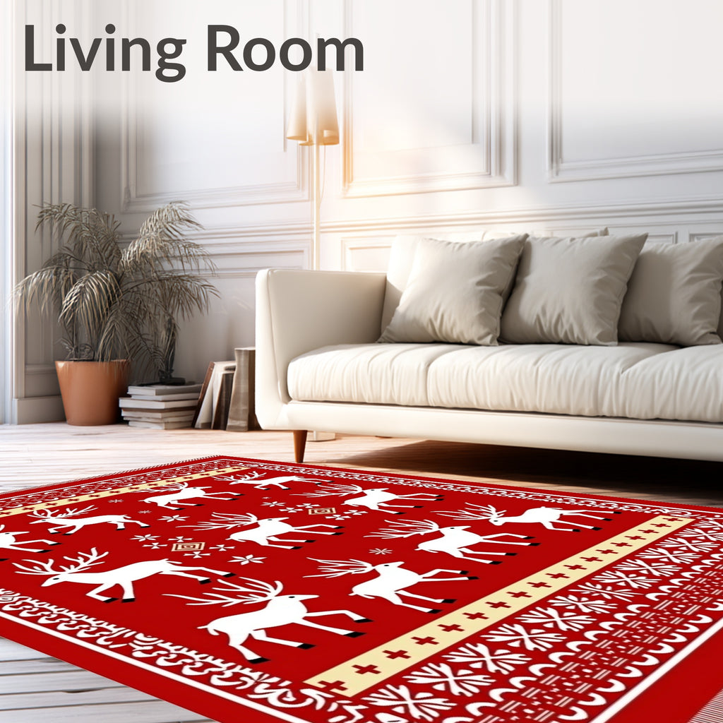 Red White Reindeer Woodland Holiday Rug