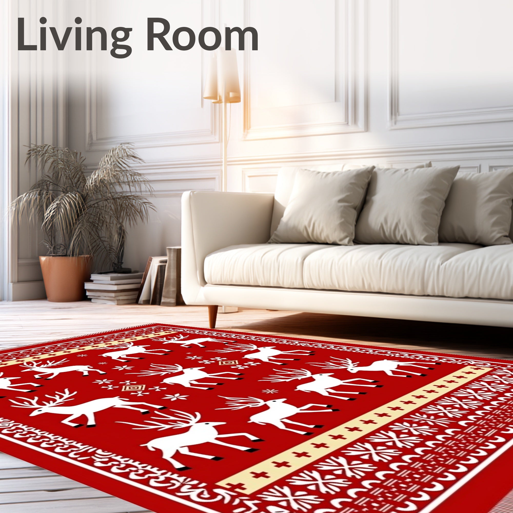 Red White Reindeer Woodland Holiday Rug