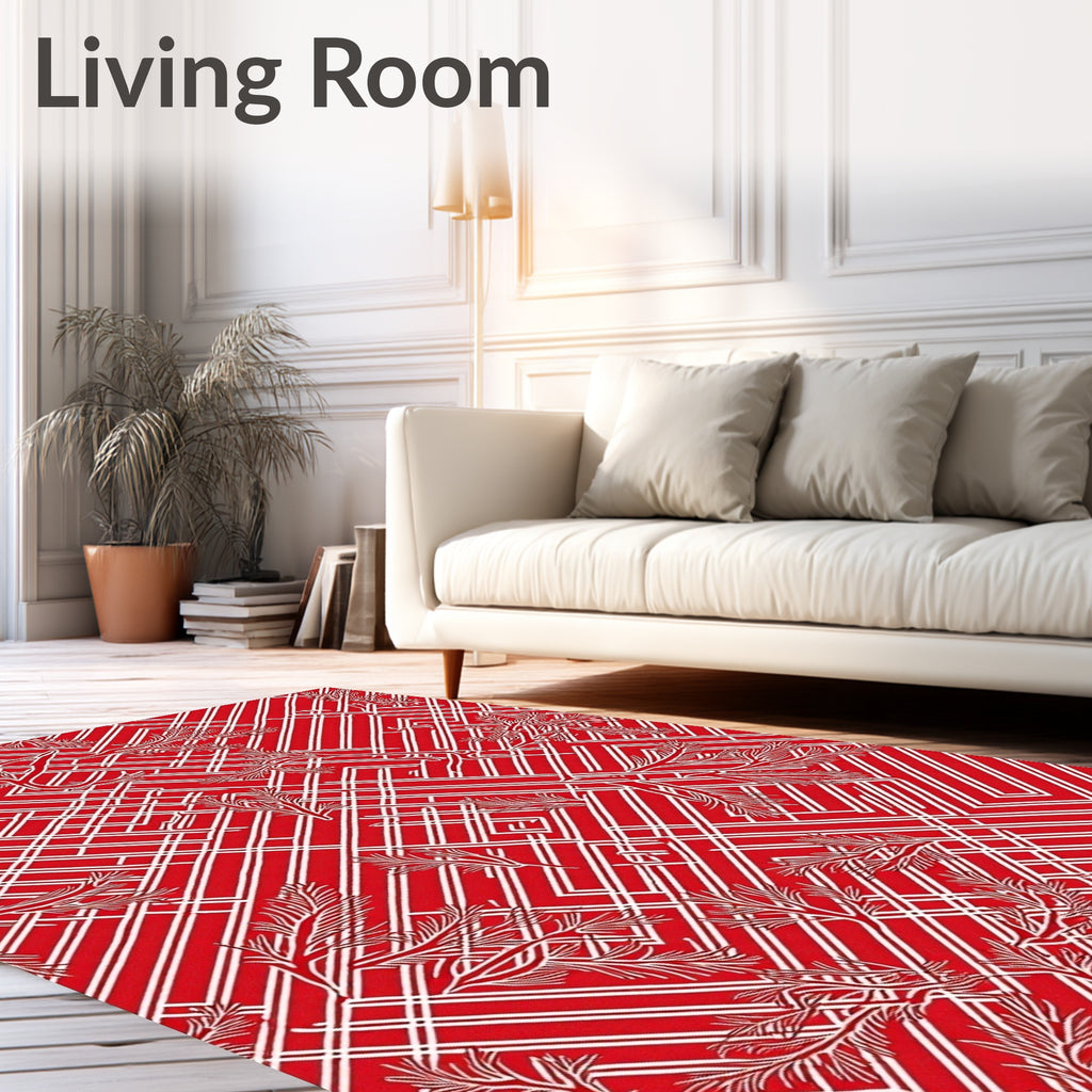 Red White Geometric Branch Overlay Rug