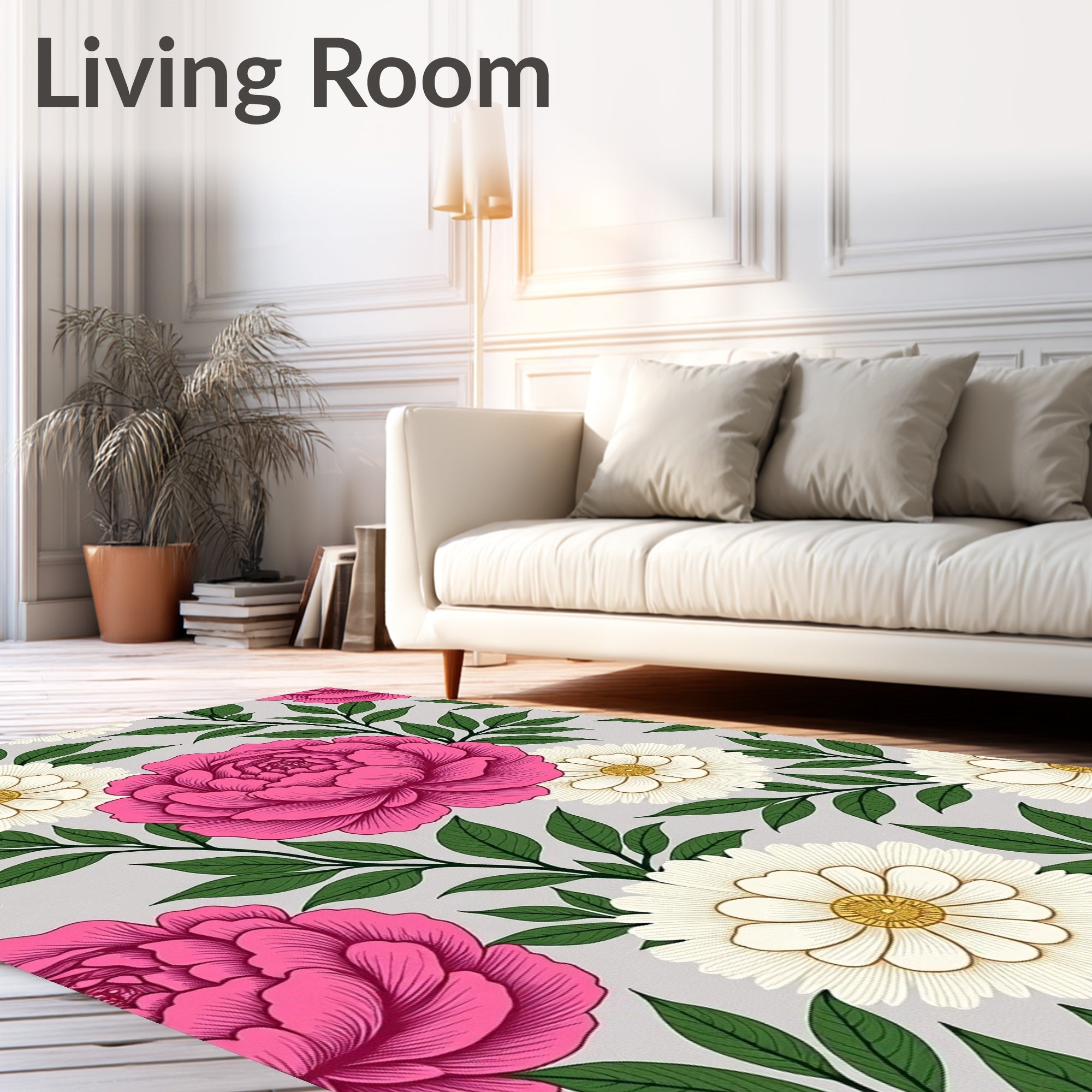 Vibrant Pink Floral Branches Gray Background Rug