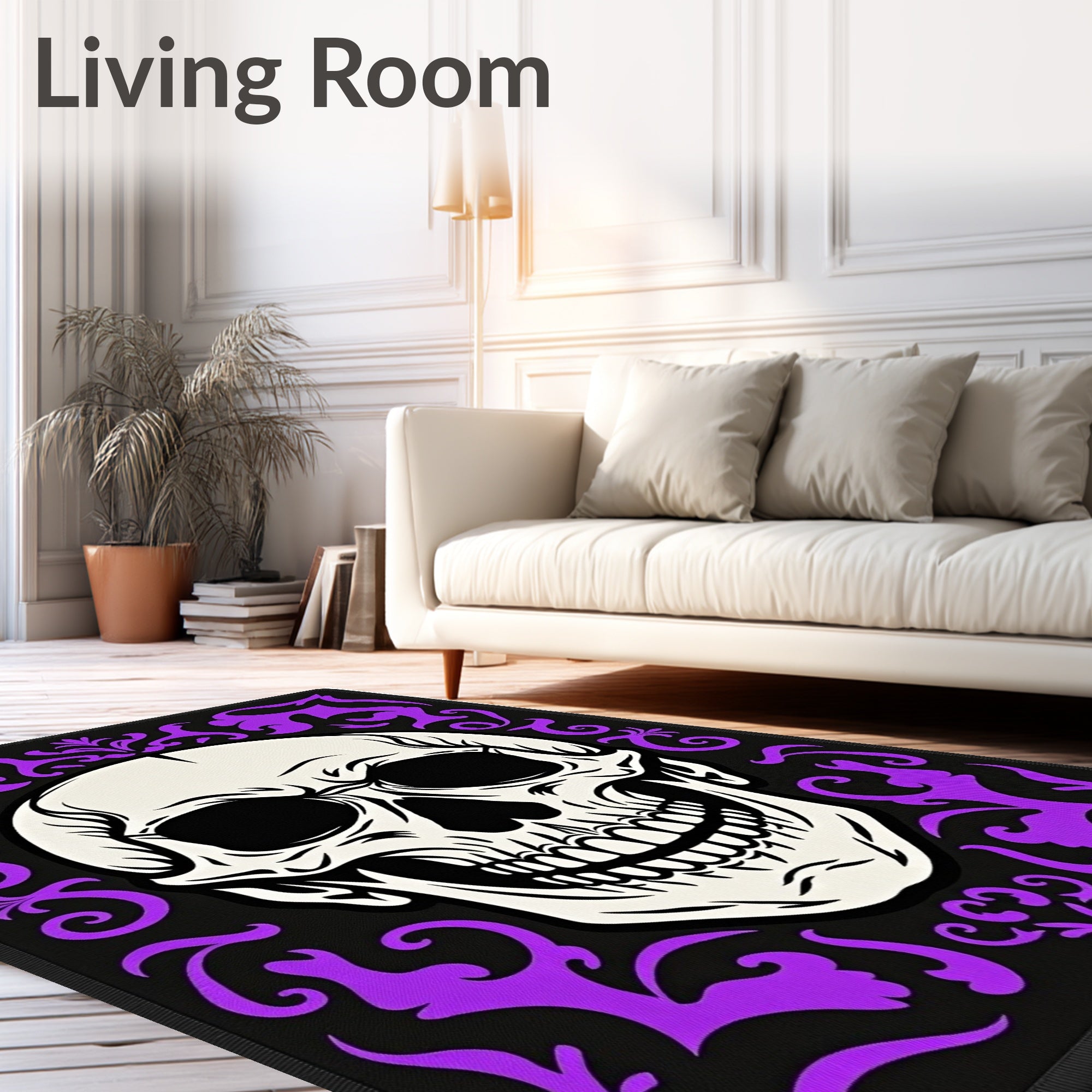 Black Purple Skull Damask Rug