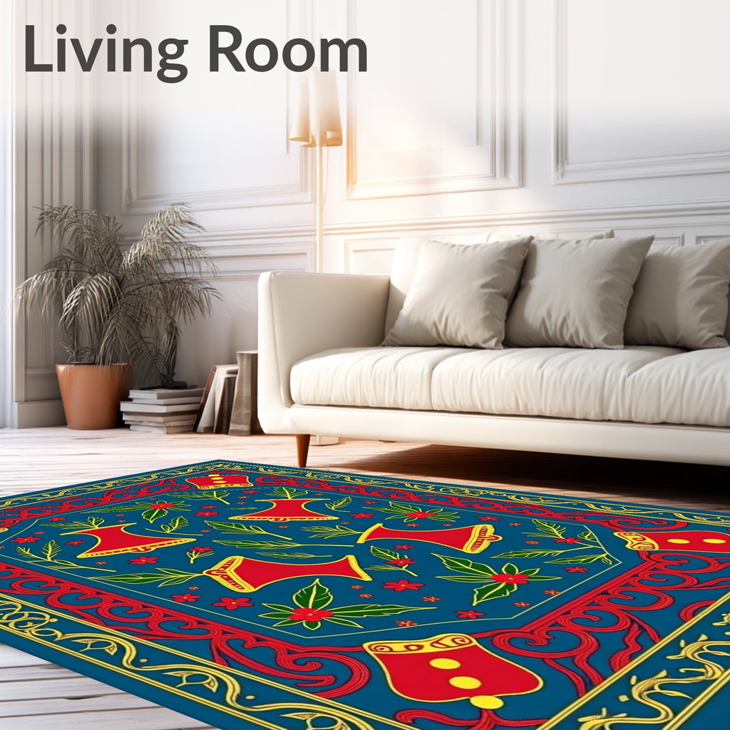 Bold Red Bell Floral Blue Rug