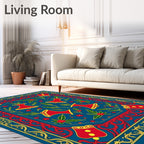 Bold Red Bell Floral Blue Rug