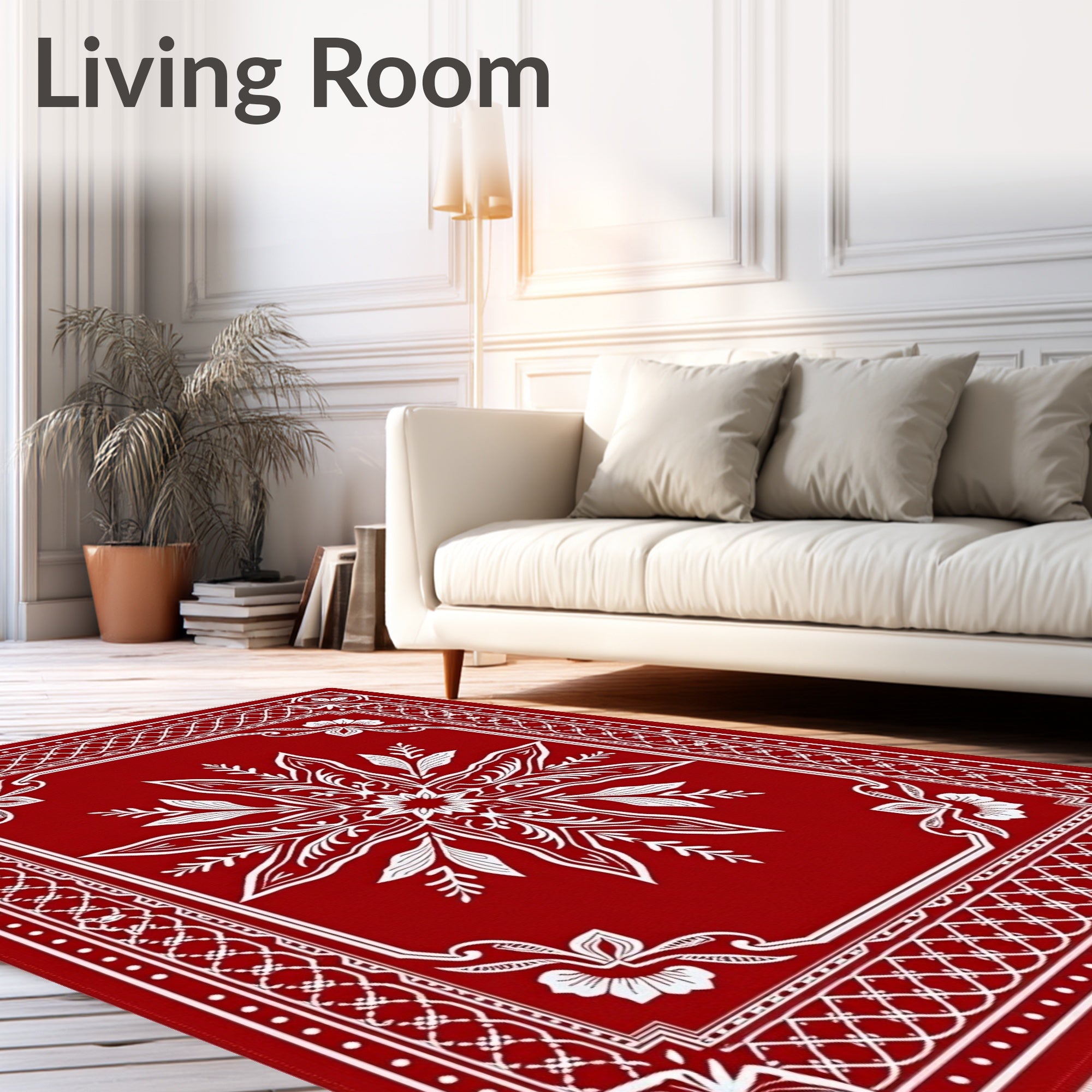 Crimson White Floral Starburst Frame Rug
