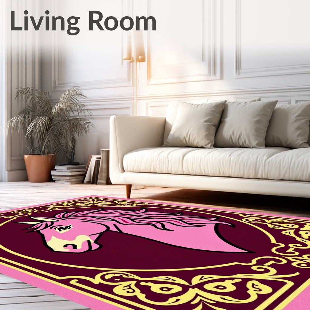 Pink Horse Profile With Golden Scroll Frame Rug