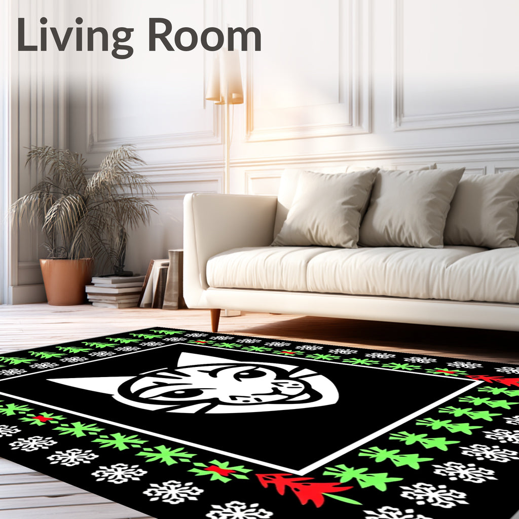 Festive White Cat Christmas Border Rug