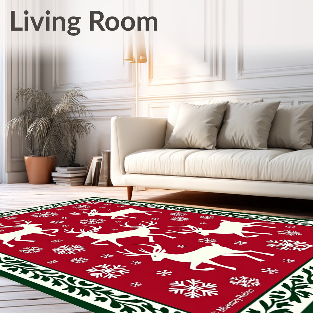 White Reindeer Snowflakes Red Border Rug