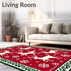 White Reindeer Snowflakes Red Border Rug