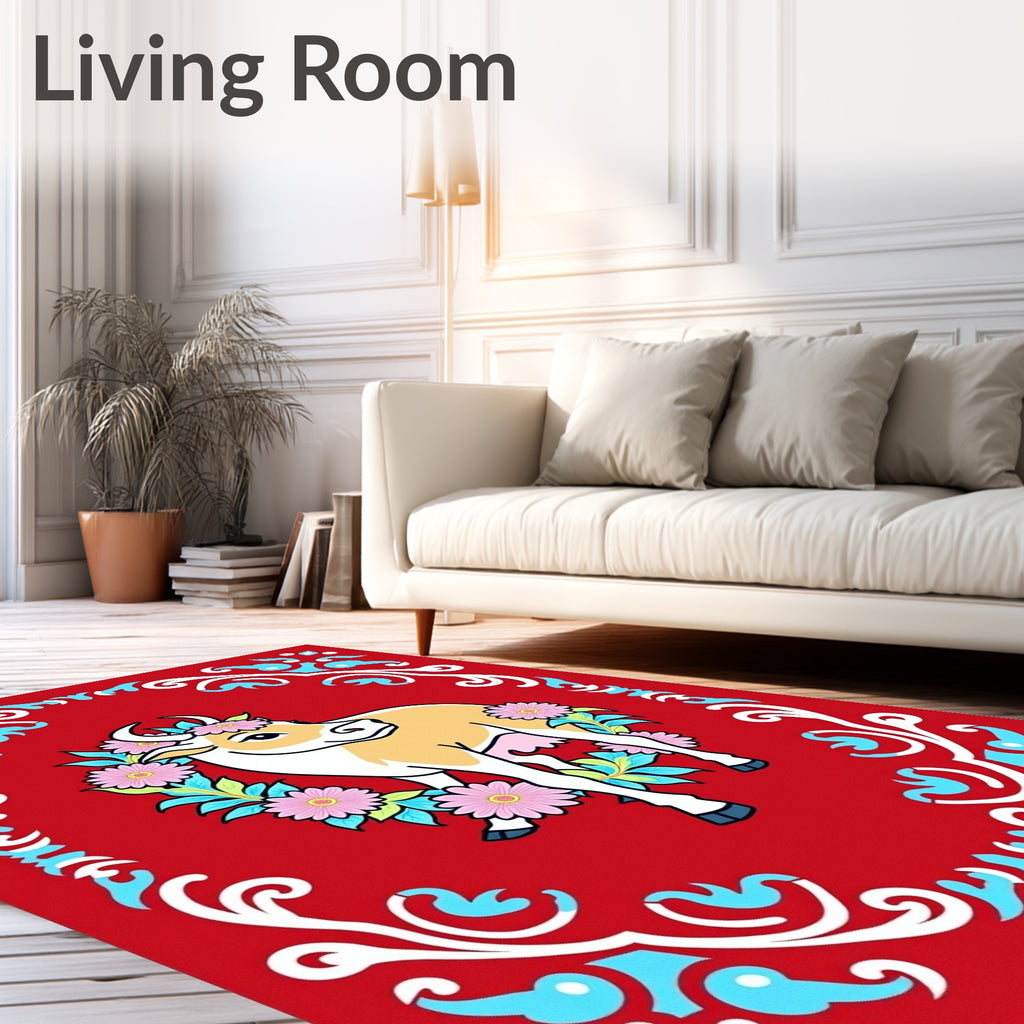 Red Floral Cow Garland Rug