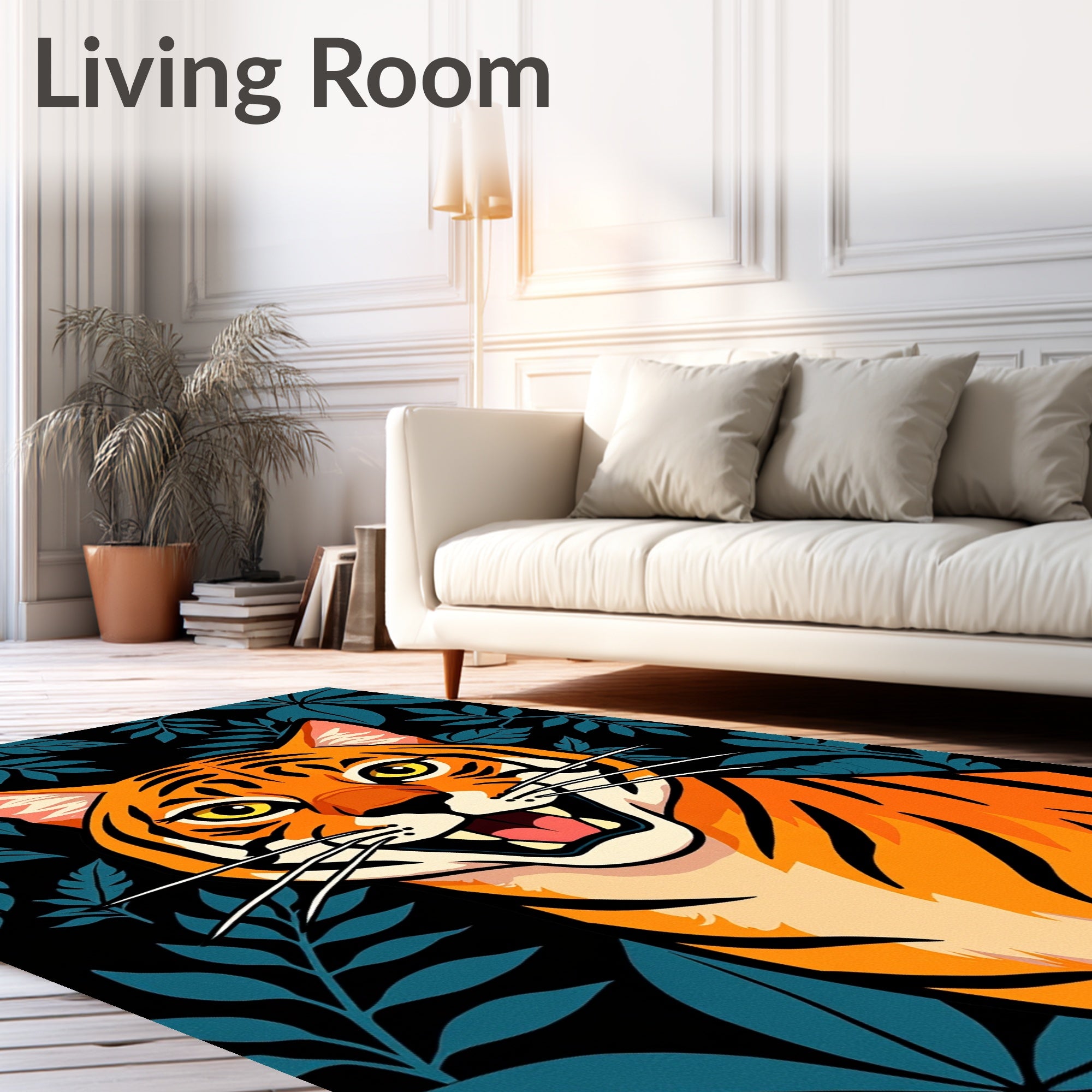 Vibrant Orange Tiger Jungle Leaves Rug