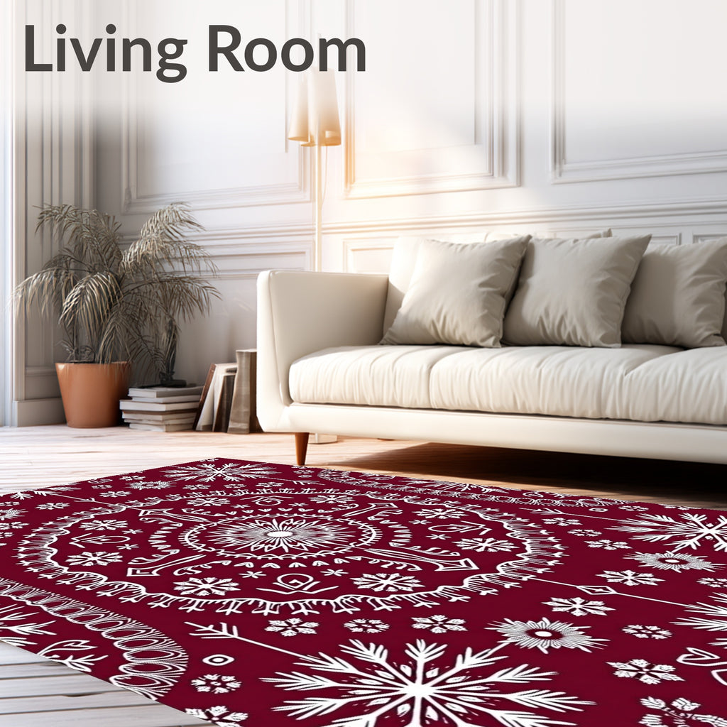 Crimson White Snowflake Mandala Rug