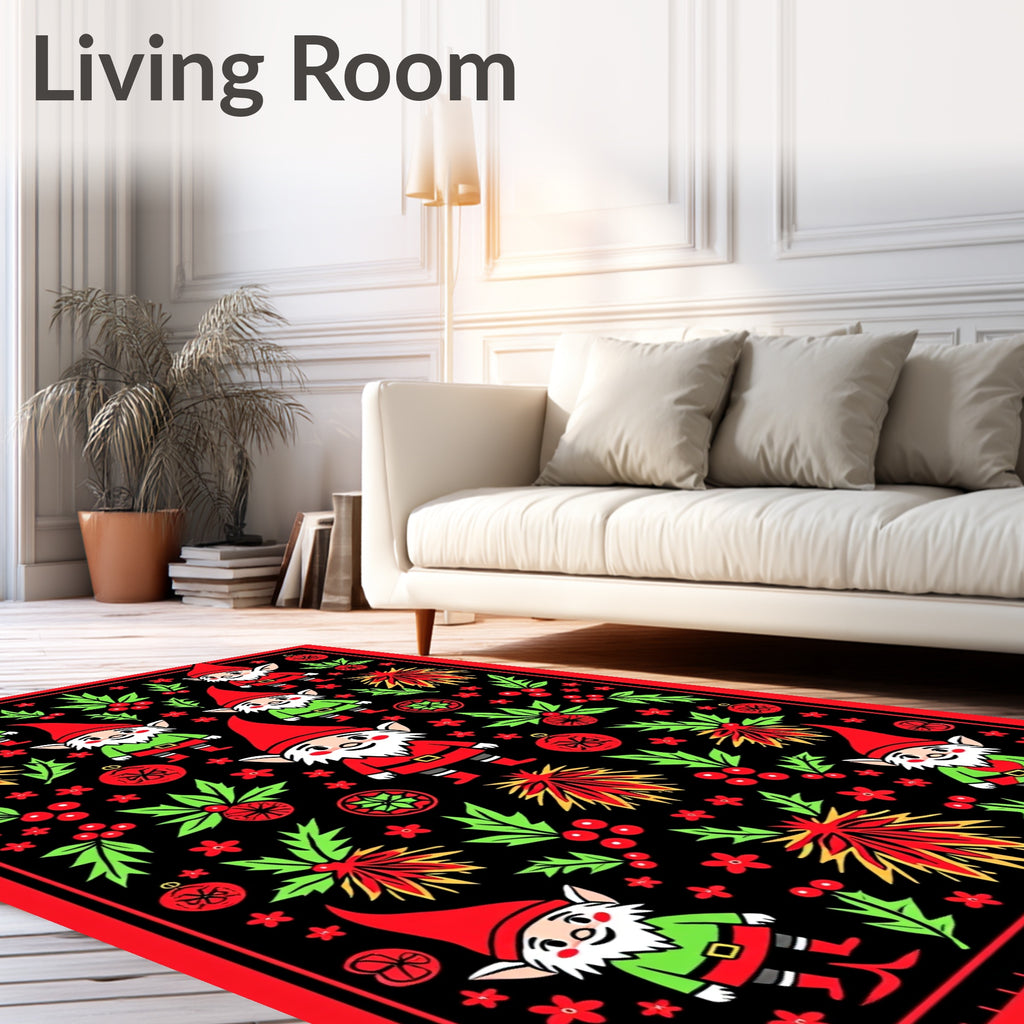 Festive Red Black Gnome Holly Sprigs Rug