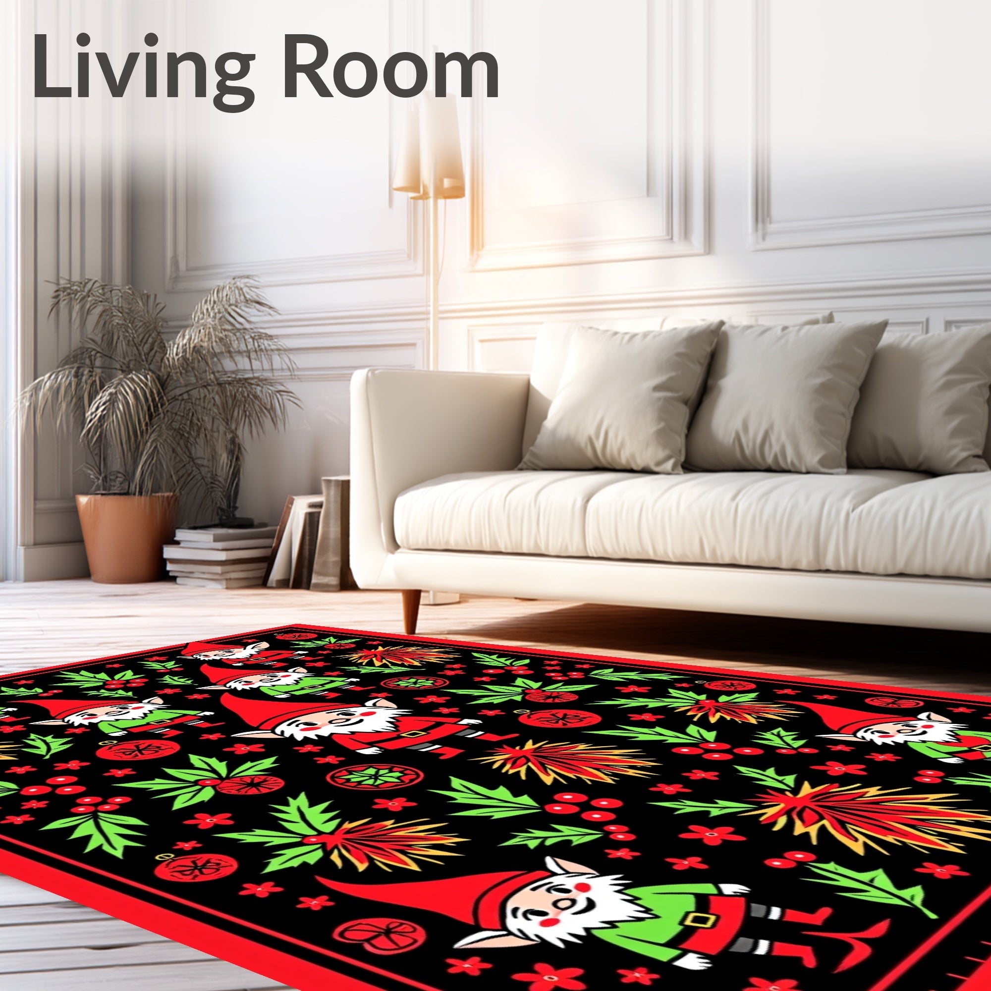 Festive Red Black Gnome Holly Sprigs Rug